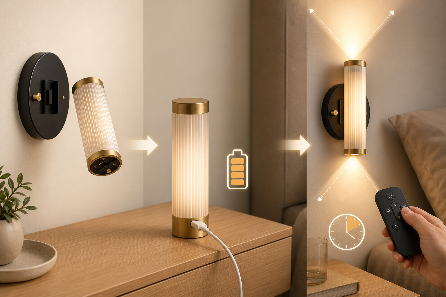 A rechargeable wall sconce lifted off its magnetic bracket, charged by USB-C on a bedside table, then remounted and dimmed by remote