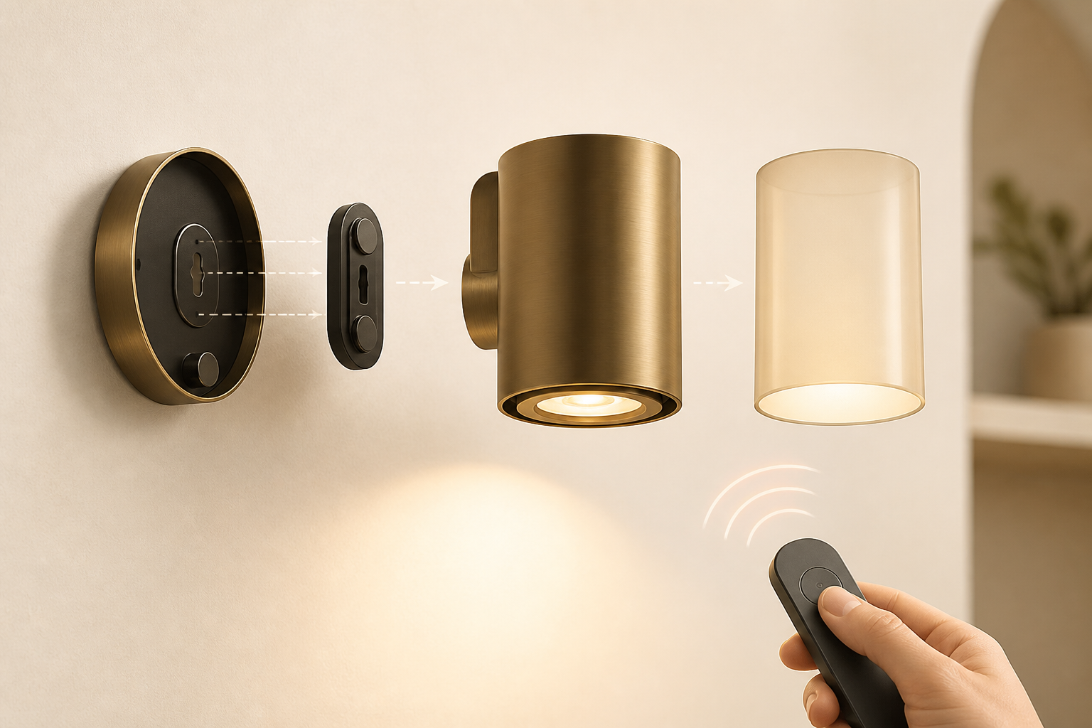 Exploded view of a wireless wall sconce showing the wall plate, magnetic bracket, fixture body, diffuser and remote control