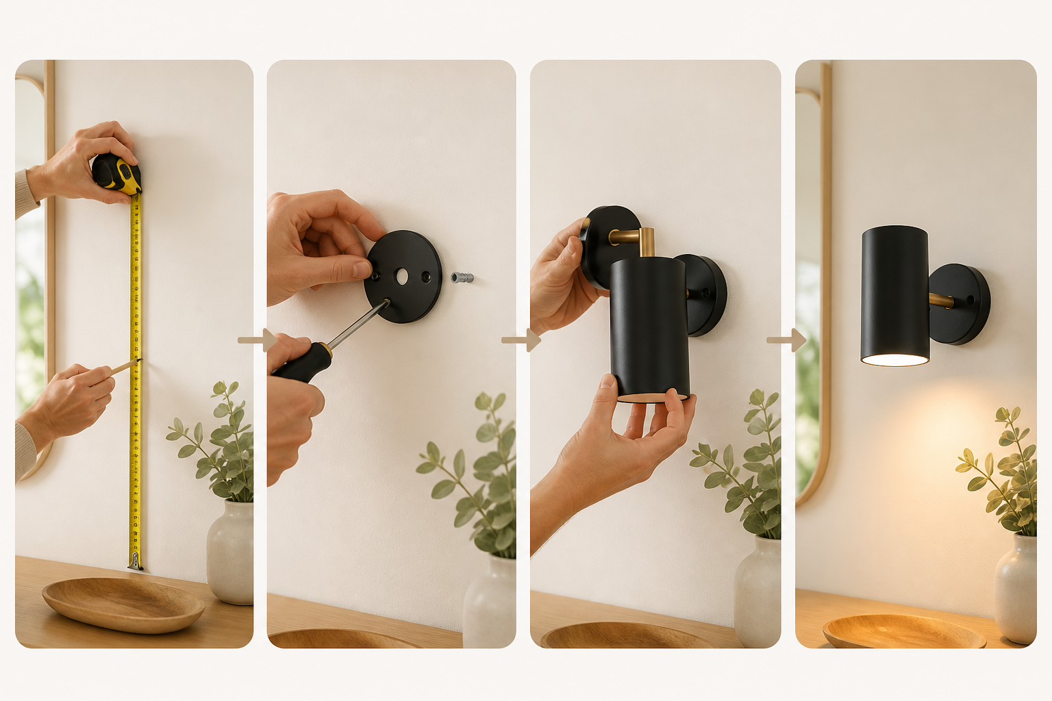 Four steps of installing a wall sconce: measuring and marking the height, screwing on the wall plate, attaching the fixture body, and the finished light