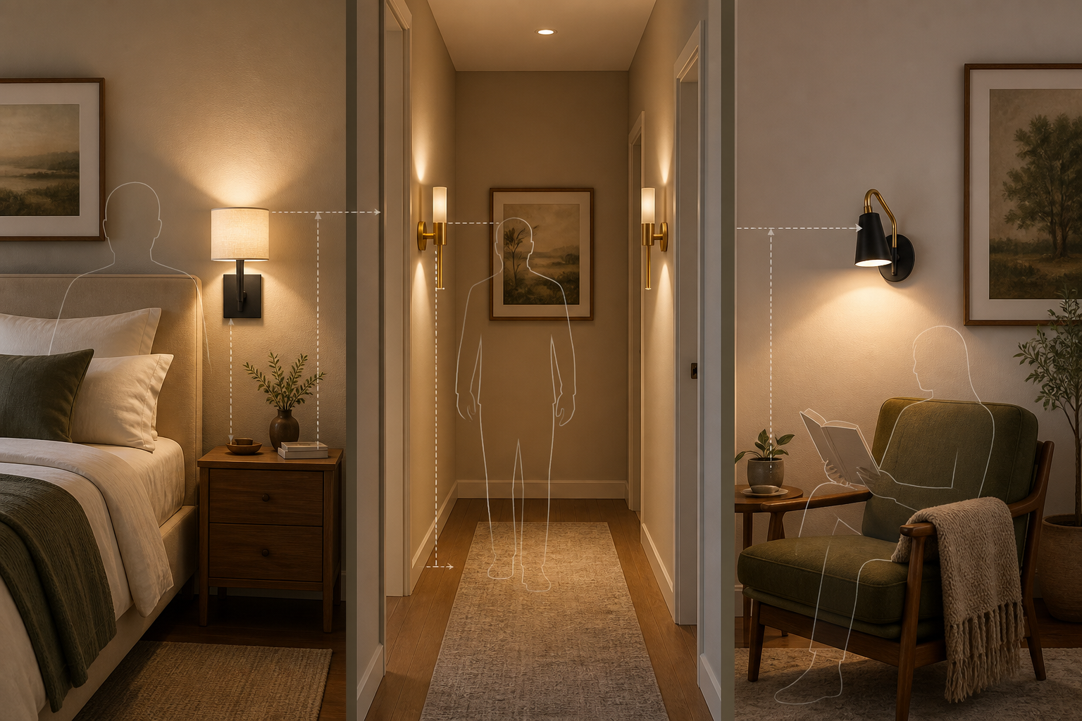 Sconce mounting heights shown beside a bed, along a hallway and next to a reading chair