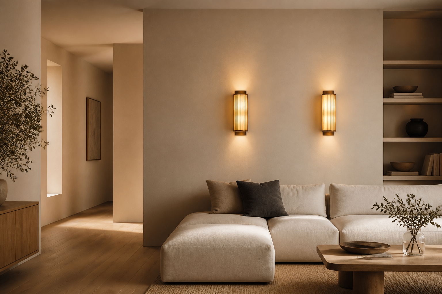 Warm modern living room with decorative wall sconces